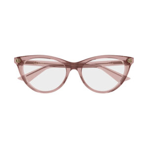 Pink translucent cat-eye Gucci eyeglasses with gold logos on the temples.