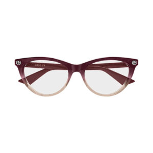 Gucci cat-eye sunglasses with burgundy-to-beige gradient frame and gray lenses.