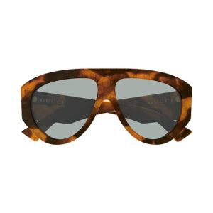 Tortoiseshell Gucci sunglasses with large square frames and dark lenses.