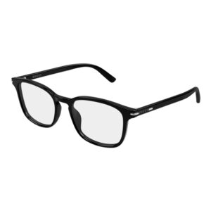 Gucci black rectangular eyeglasses with clear lenses, shown from a three-quarter view.