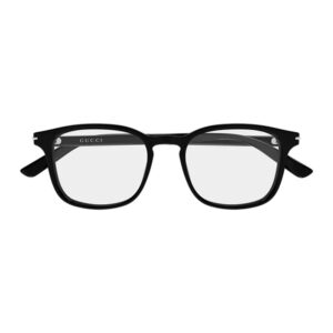 Black rectangular Gucci eyeglasses with clear lenses and subtle logo on the temple.