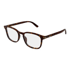 Tortoiseshell Gucci eyeglasses with rectangular frames and clear lenses; logo on the temple visible.
