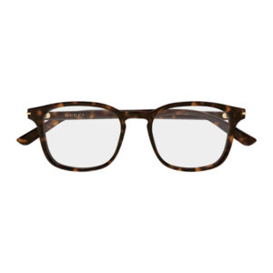 Tortoiseshell rectangular Gucci eyeglasses with gold-accent hinges and clear lenses.