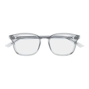 Clear rectangular eyeglasses with transparent gray frames. (Product image)