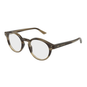 Gucci round eyeglasses with tortoiseshell frames and clear lenses, brand name visible on temple