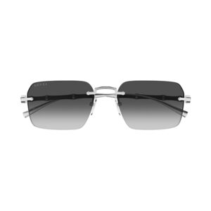Gucci rimless square sunglasses with gradient charcoal-to-silver lenses and a silver metal bridge, logo on the left lens edge.