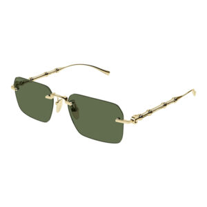 Gold-tone metal sunglasses with dark green rectangular lenses and decorative bamboo-style temples.