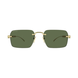 Gucci sunglasses with square olive-green lenses and a gold metal frame