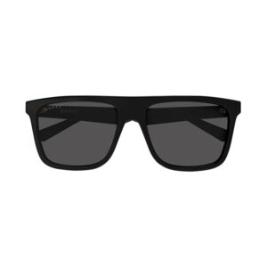Black rectangular sunglasses with a thick black frame and dark lenses, featuring the Gucci logo on the left lens.
