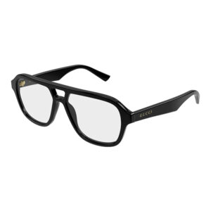 Black Gucci eyeglasses with rectangular frames and clear lenses, angled to show side profile.