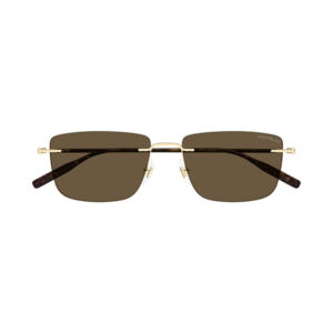 Brown rectangular sunglasses with a gold bridge and tortoiseshell temples, Montblanc branding on the right temple.
