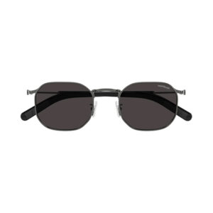 Metal-frame sunglasses with dark rectangular lenses and black temple tips; Montblanc branding on the right lens edge.