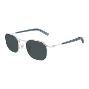 Metal-frame sunglasses with dark rectangular lenses and blue temple tips.