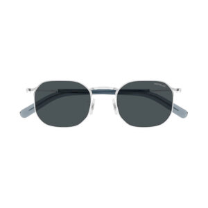 Front view of Montblanc metal sunglasses with dark rectangular lenses and light blue temples.