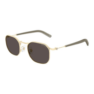 Gold metal rectangular sunglasses with dark lenses and gray temple tips, angled in a diagonal view (product shot).