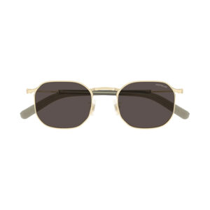 Gold metal-framed sunglasses with dark rectangular lenses, gray temples, and Montblanc branding on the right lens.