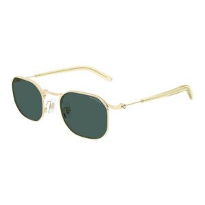 Gold-tone metal sunglasses with dark green lenses and clear nose pads, shown at a three-quarter angle.