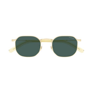 Gold-toned sunglasses with dark green lenses, front view; Montblanc branding visible on the right lens.