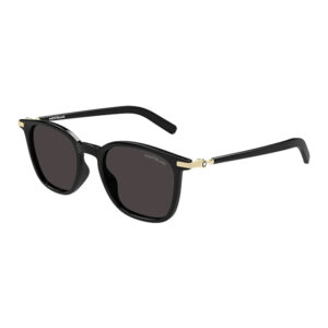 Black Montblanc sunglasses with dark lenses, black frame and gold accent hinges on the temples.