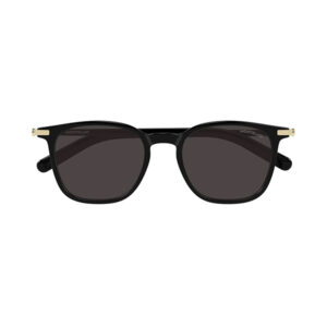 Black Montblanc sunglasses with dark lenses and gold temple accents, viewed from the front.