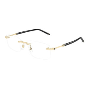 Rimless eyeglasses with black temples and gold hardware on a white background