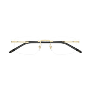 Rimless eyeglasses with a gold-tone bridge and black temples.