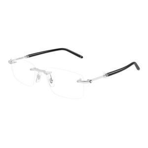Rimless glasses with clear lenses, silver nose pads, and black temple arms.