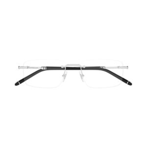 Rimless glasses with a thin metal bridge and black temple tips, viewed front-on and laid flat.