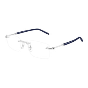 Rimless eyeglasses with blue temples and silver hinges, viewed at an angle.