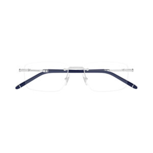 Front view of rimless eyeglasses with a thin metal bridge and blue temple arms, positioned against a white background.