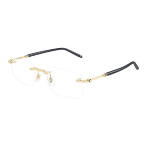 Rimless rectangular eyeglasses with gold-tone nose bridge and hinges, black temple tips, laid diagonally.