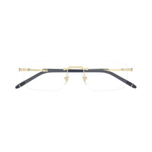 Rimless eyeglasses with a gold bridge and navy temples shown in a product shot.