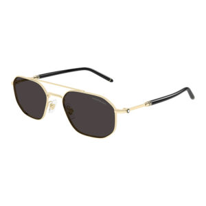 Gold metal-framed sunglasses with dark lenses and black temple tips, Montblanc branding on lens area.