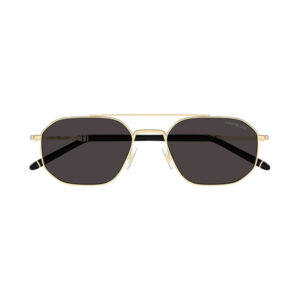 Gold metal aviator sunglasses with dark rectangular lenses and Montblanc branding on the temples, nose pads visible.