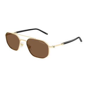 Gold-tone aviator sunglasses with brown lenses, Montblanc branding on the lens, black temple tips.