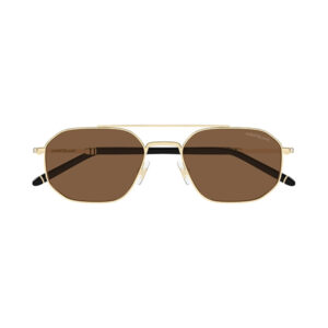 Gold metal aviator sunglasses with brown lenses and Montblanc branding on the lenses.