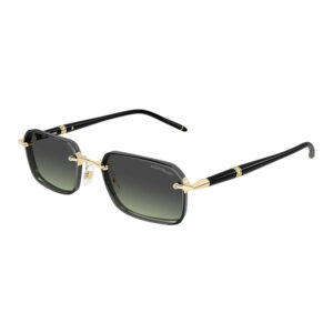 Montblanc black square sunglasses with gold hinges and gradient dark lenses.