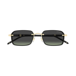 Black rectangular sunglasses with a gold metal frame and gradient lenses, Montblanc branding on the arms.
