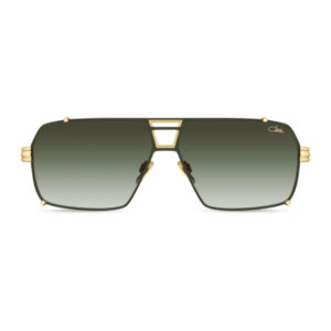 Gold-framed shield sunglasses with green gradient lenses, front view.