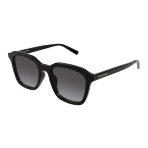 Black Saint Laurent sunglasses with dark gradient lenses and square frames; logo on the temples.