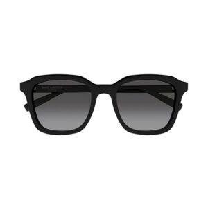 Black Saint Laurent sunglasses with square frames and gray gradient lenses on a white background