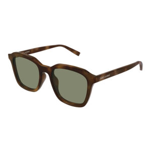 Brown rectangular sunglasses with olive-green lenses and Saint Laurent branding on the temples, shown from a slight3/4 angle.