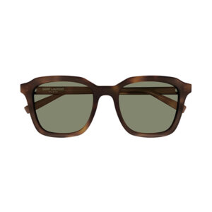 Brown Saint Laurent sunglasses with square frames and olive-green lenses
