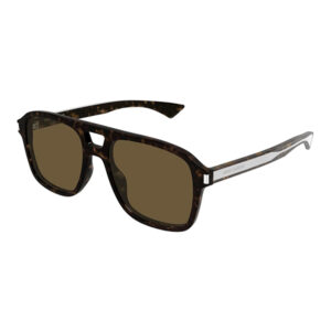 Tortoiseshell rectangular sunglasses with brown lenses and a silver 'Saint Laurent' logo on the temple.