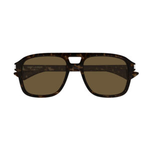 Tortoiseshell rectangular sunglasses with brown lenses and Saint Laurent branding on the left lens.