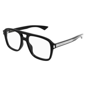 Black rectangular eyeglasses with clear lenses and gray patterned temples; Saint Laurent branding on the temple.