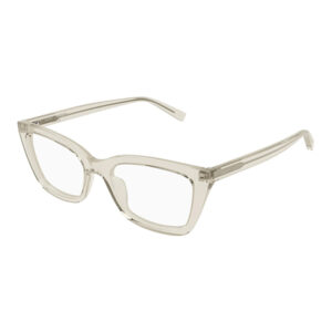 Clear plastic eyeglasses with rectangular lenses and light beige frames.