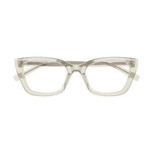 Clear rectangular eyeglasses with a translucent acetate frame and visible logo on the temple.