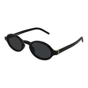 Black oval sunglasses with a thick glossy frame, dark lenses, and gold accents on the temples. (Saint Laurent branding on the arm)
