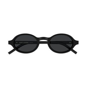 Saint Laurent black oval sunglasses with dark lenses and a slim bridge, brand visible on the temple.
